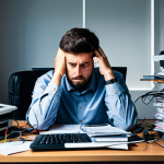 A person, visibly overwhelmed, sitting at a home office desk that is completely cluttered with an excessive number of electronic devices, tangled cables, and multiple open screens displaying various notifications. The individual, dressed in modest everyday clothing, has an expression of mental fatigue and mild stress, reflecting the burden of technological overload. The background is a messy, disorganized office space filled with unused gadgets and stacks of papers. The scene is lit to convey a feeling of being bogged down. fully clothed, appropriate attire, safe for work, perfect anatomy, correct proportions, natural pose, well-formed hands, proper finger count, natural body proportions, professional photography, high quality, appropriate content, family-friendly.