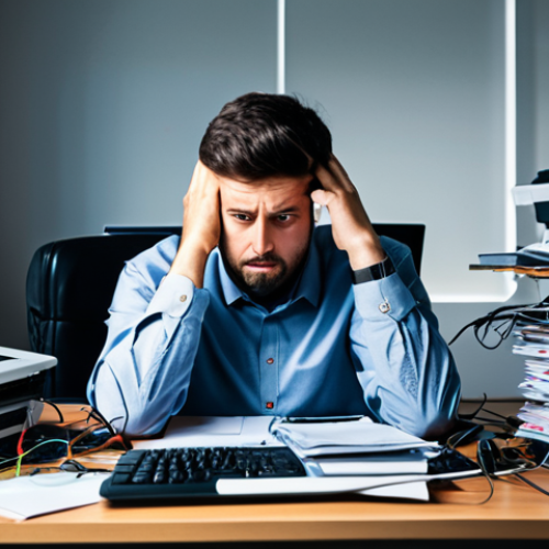 Home 4 A person, visibly overwhelmed, sitting at a home office desk that is completely cluttered with an excessive number of electronic devices, tangled cables, and multiple open screens displaying various notifications. The individual, dressed in modest everyday clothing, has an expression of mental fatigue and mild stress, reflecting the burden of technological overload. The background is a messy, disorganized office space filled with unused gadgets and stacks of papers. The scene is lit to convey a feeling of being bogged down. fully clothed, appropriate attire, safe for work, perfect anatomy, correct proportions, natural pose, well-formed hands, proper finger count, natural body proportions, professional photography, high quality, appropriate content, family-friendly.
