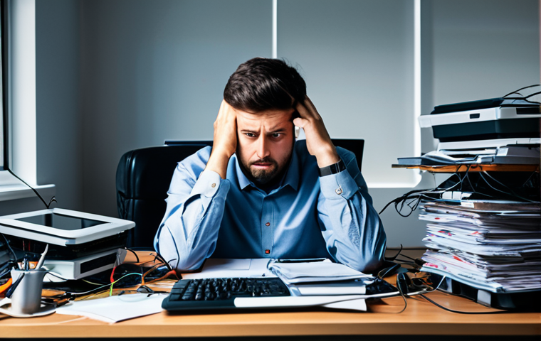 A person, visibly overwhelmed, sitting at a home office desk that is completely cluttered with an excessive number of electronic devices, tangled cables, and multiple open screens displaying various notifications. The individual, dressed in modest everyday clothing, has an expression of mental fatigue and mild stress, reflecting the burden of technological overload. The background is a messy, disorganized office space filled with unused gadgets and stacks of papers. The scene is lit to convey a feeling of being bogged down. fully clothed, appropriate attire, safe for work, perfect anatomy, correct proportions, natural pose, well-formed hands, proper finger count, natural body proportions, professional photography, high quality, appropriate content, family-friendly.
