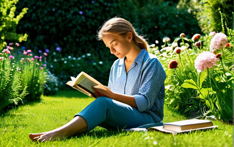 기술 의존도를 줄이는 방법 - Analog Relaxation**

A woman fully clothed in comfortable clothing, reading a book in a sunlit garde...