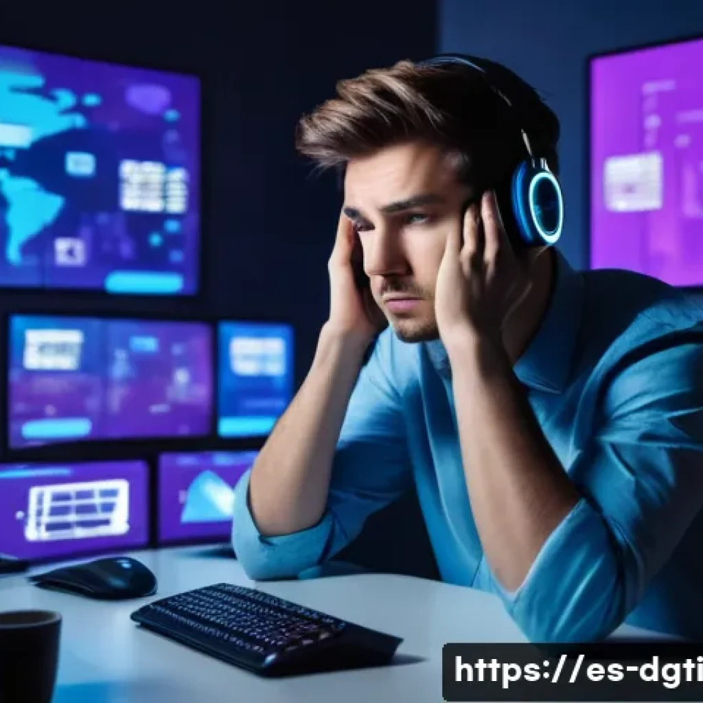 미니멀리즘을 위한 온라인 콘텐츠 소비 습관 - **"A young adult, male or female, dressed in contemporary casual attire, sitting at a desk overflowi...