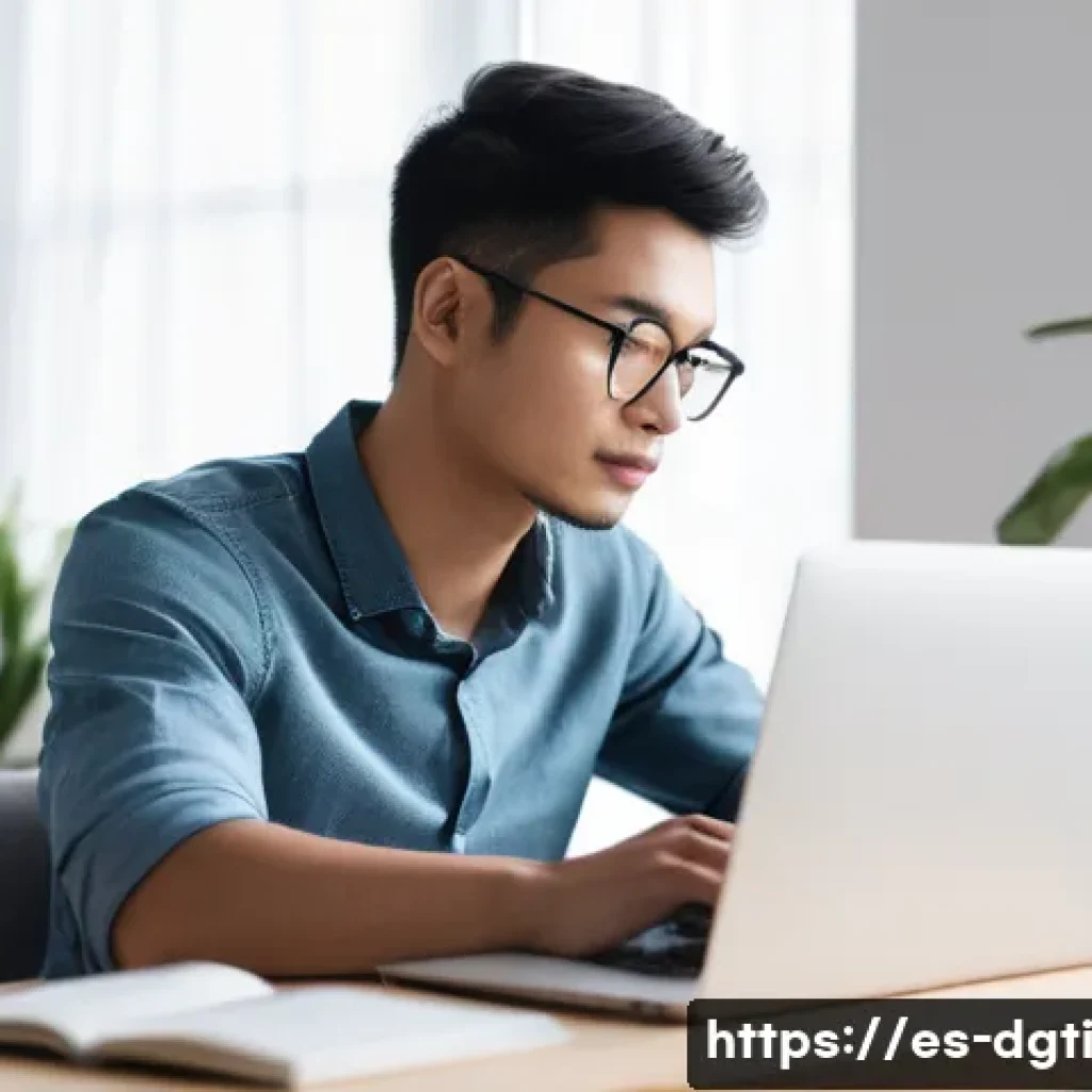 미니멀리즘을 위한 온라인 학습 도구 - **Prompt:** A serene, minimalist home office bathed in soft natural light. A young adult, dressed in...