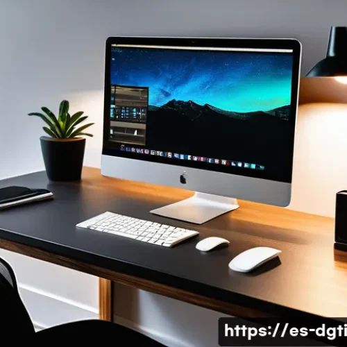 Home 32 윈도우에서의 미니멀한 운영 시스템 설정 - A modern minimalist home office setup with a sleek laptop displaying Windows desktop with a dark the...