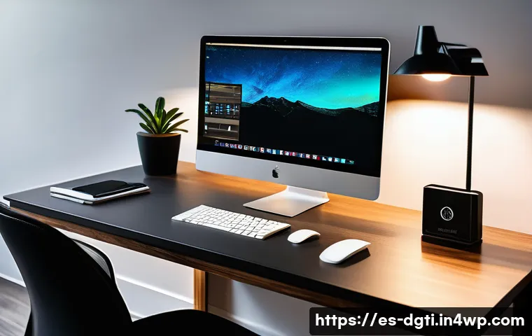 윈도우에서의 미니멀한 운영 시스템 설정 - A modern minimalist home office setup with a sleek laptop displaying Windows desktop with a dark the...