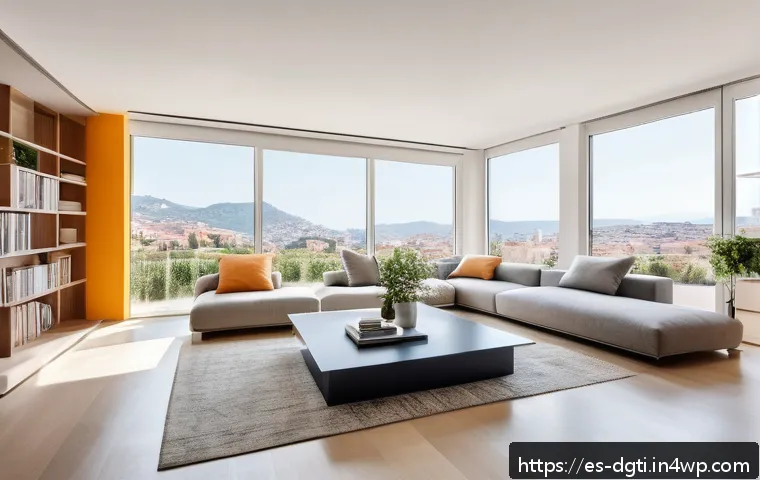 디지털 환경에서의 물건 소유 줄이기 - A modern, minimalist living room in a bright Spanish apartment, featuring sleek multifunctional furn...